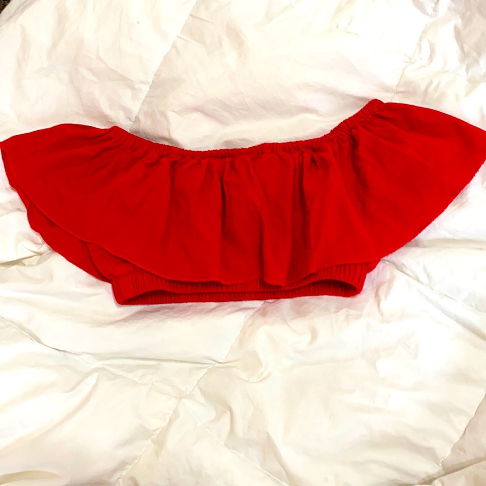 Red shoulder crop top with fringe